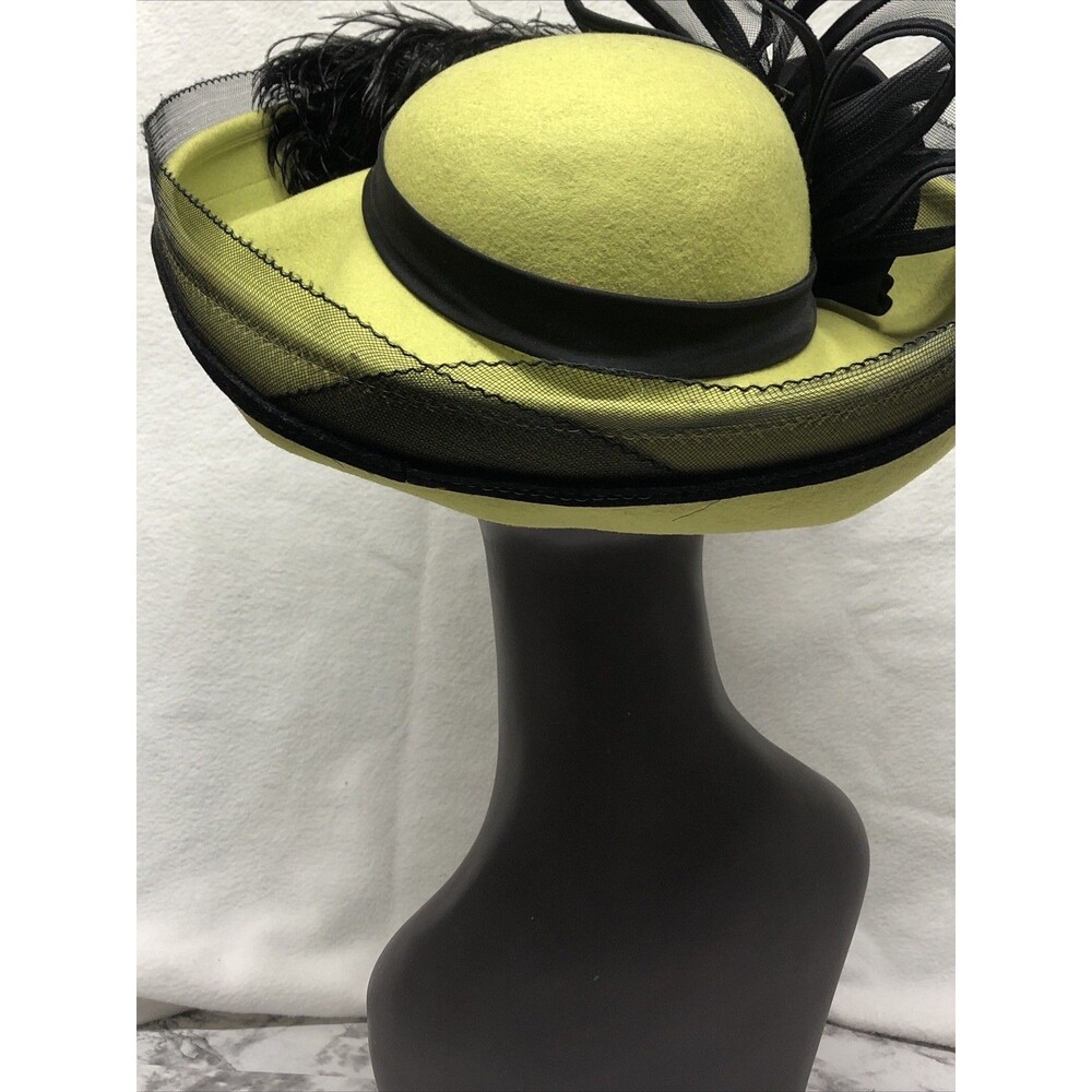 Gwen Pennington Exclusive Wool Hat Chartreuse Black Rosette Feathers Church Derb